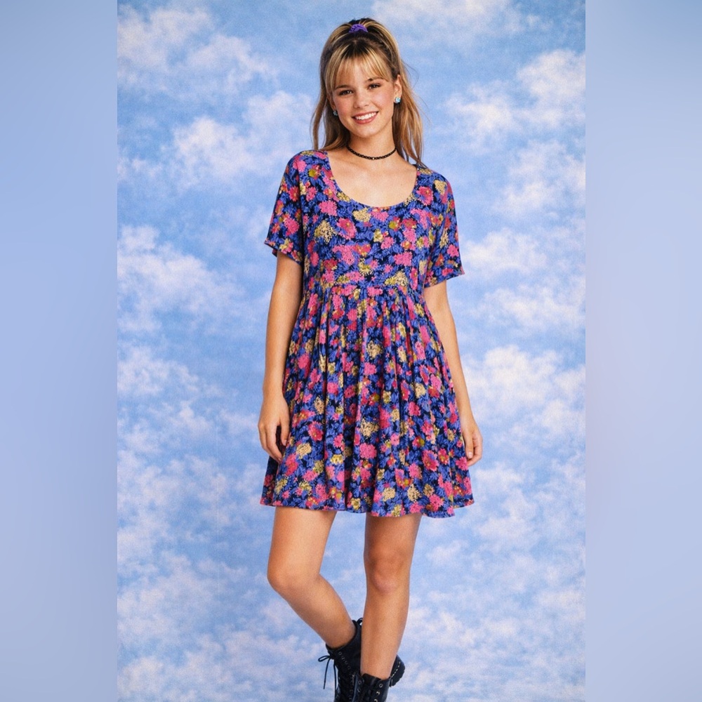 Rabbit Rabbit Rabbit Pink and Blue Floral Vintage 90s Short Sleeve Dress